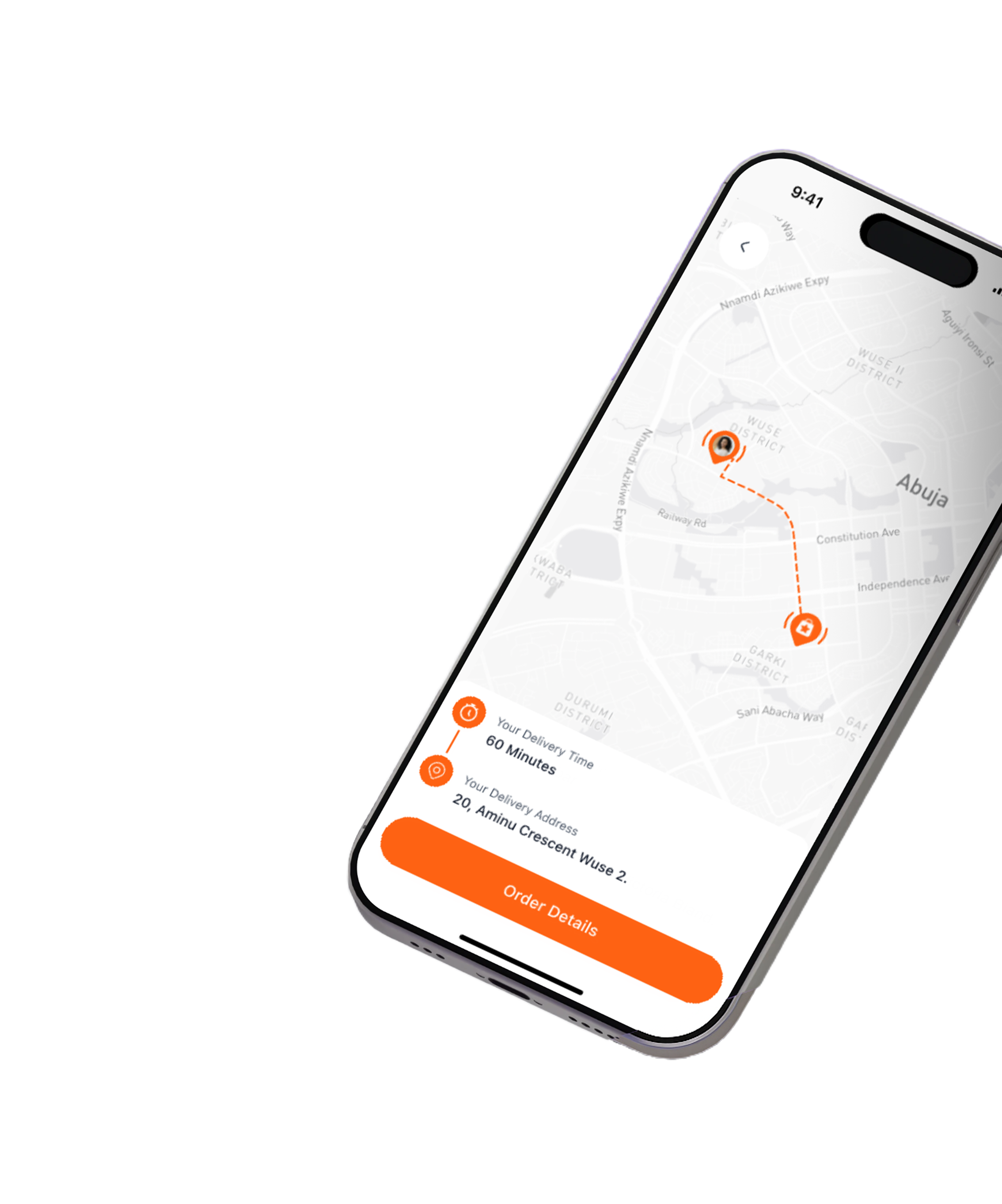 Tilted phone mockup showing live map tracking screen with delivery route across Abuja